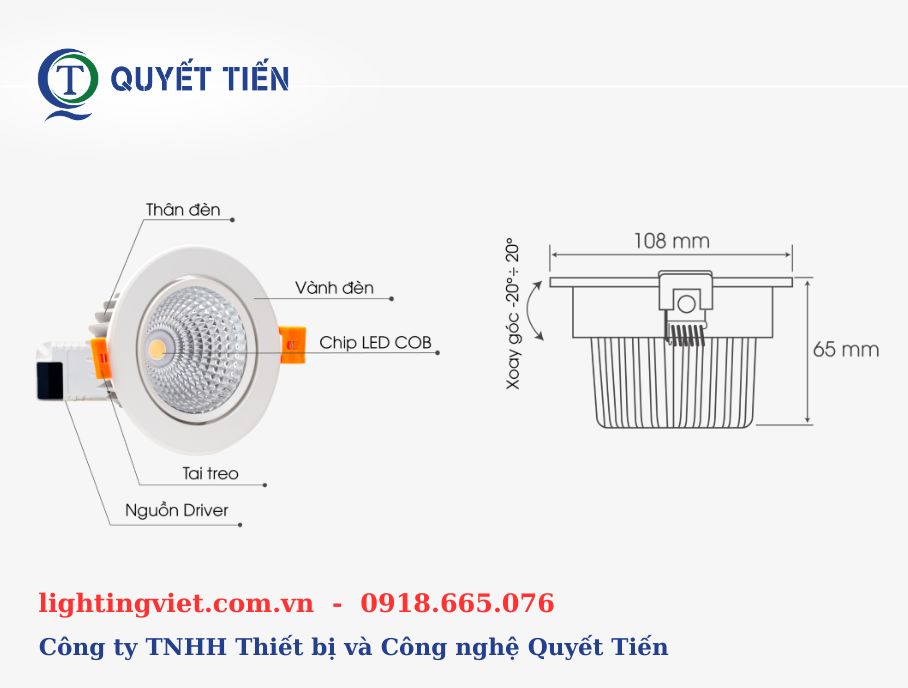 Cấu tạo của đèn LED âm trần xoay góc AT40 Rạng Đông