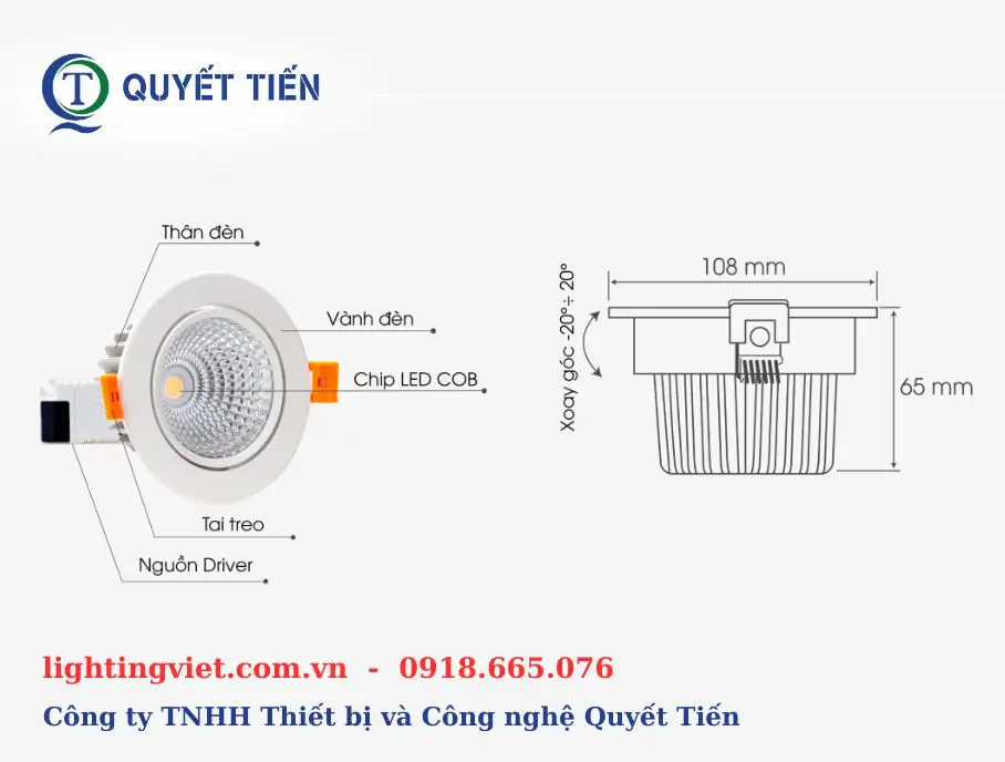 Cấu tạo của đèn LED âm trần xoay góc AT40 Rạng Đông